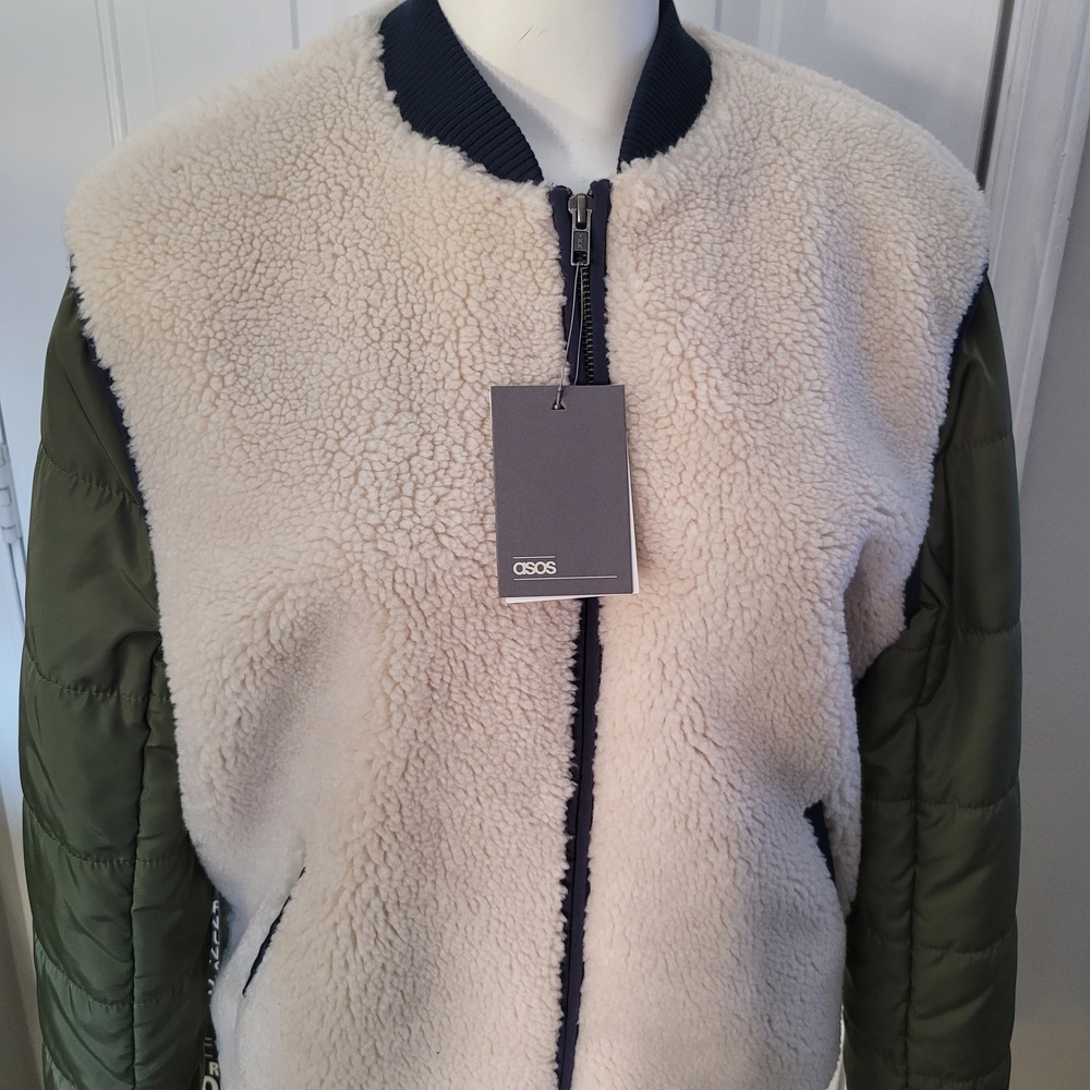 ASOS Men's Shearling Bomber Jacket - Cream and Green
